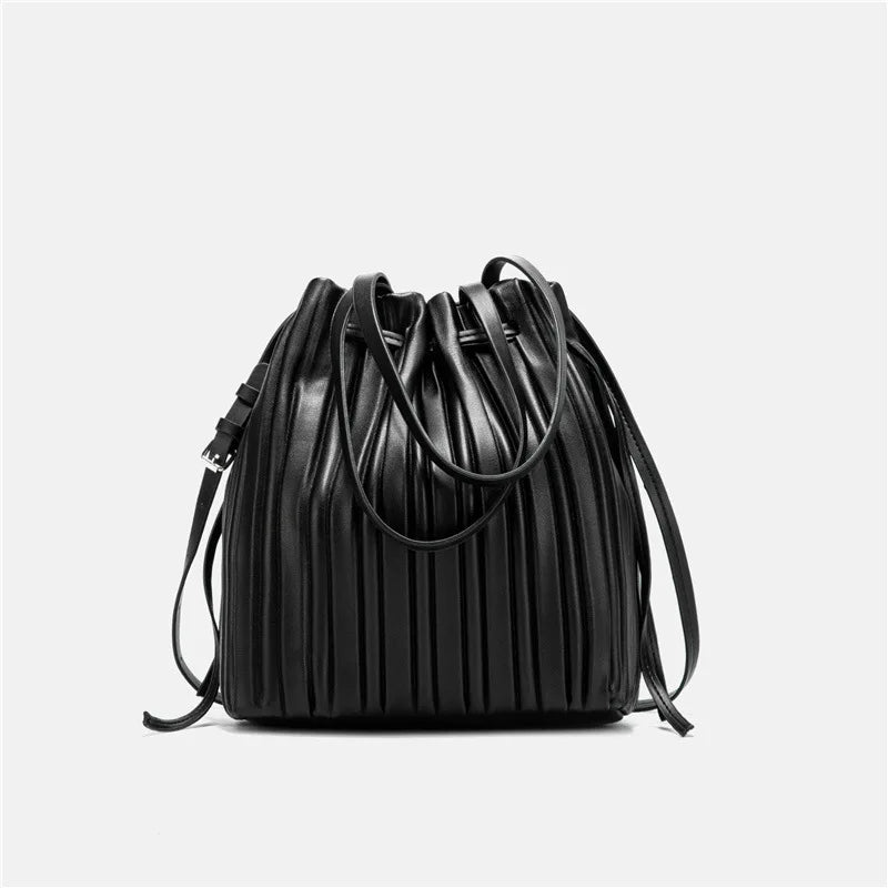 ChongJing PU Leather Shoulder Bag Pleated Stripe Bucket Bag Ladies Crossbody Bag
