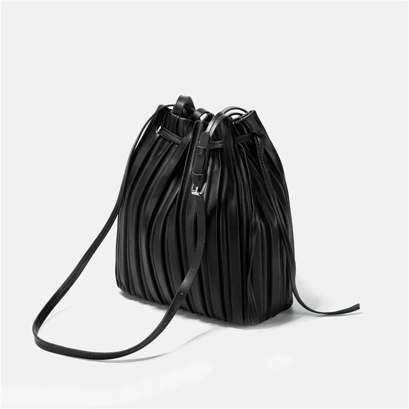 ChongJing PU Leather Shoulder Bag Pleated Stripe Bucket Bag Ladies Crossbody Bag