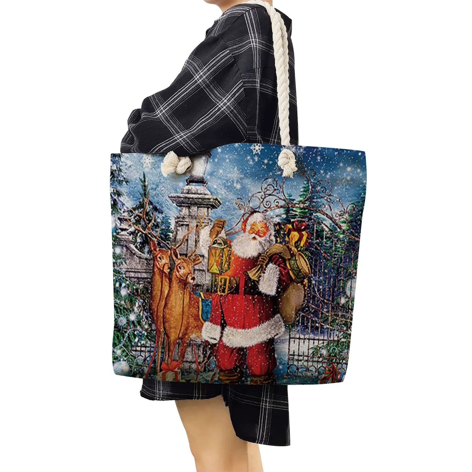 Santa Claus Printed Handbags - Thick Rope Shoulder Bag Tote Bags