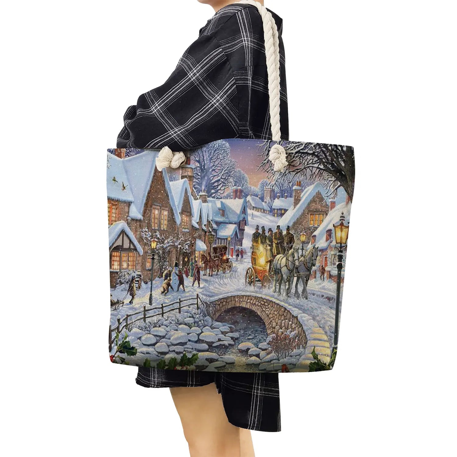 Santa Claus Printed Handbags - Thick Rope Shoulder Bag Tote Bags