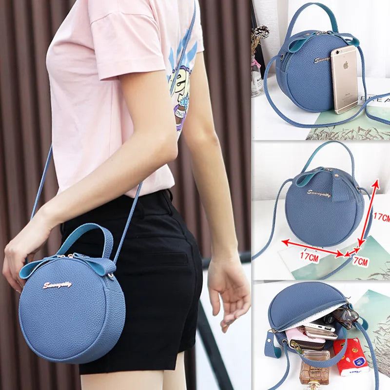 Circular Leather Women Shoulder Bag Crossbody Messenger Purse Round Handbag