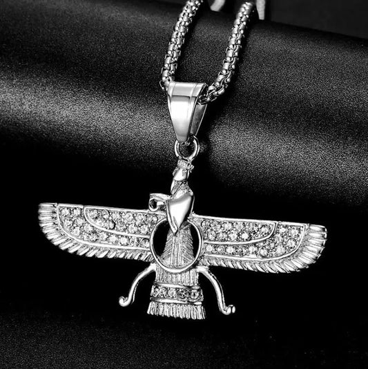Zoroastrian Faravahar Symbol Pendant Necklace Rhinestone Bling Men's Amulet