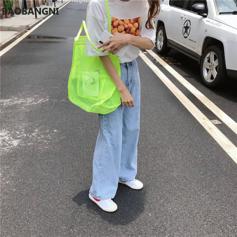 Clear Mesh Shoulder Bag Women Beach Bag Canvas Shopping Bag