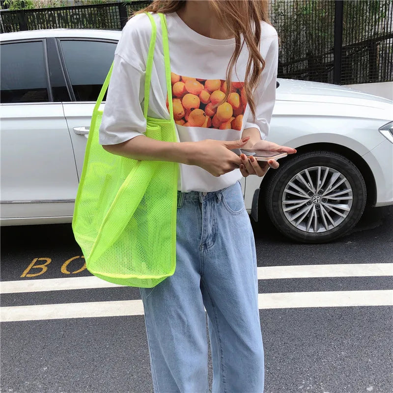 Clear Mesh Shoulder Bag Women Beach Bag Canvas Shopping Bag