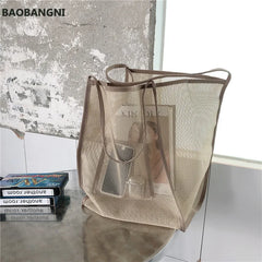 Clear Mesh Shoulder Bag Women Beach Bag Canvas Shopping Bag