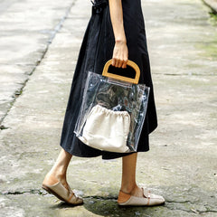 Clear PVC Handbag Women Beach Bag Wooden Handle Tote Handbags