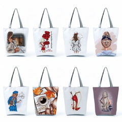 Coffee Girl Print Female Handbag High Capacity Women Eco Reusable Shopping Bag