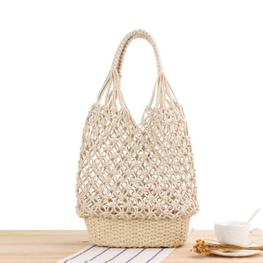 College Hollow Shoulder Woven Bag Grid Straw Bag Portable