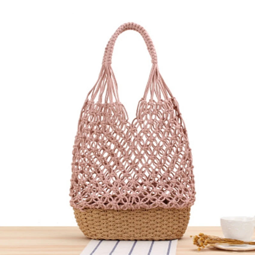 College Hollow Shoulder Woven Bag Grid Straw Bag Portable