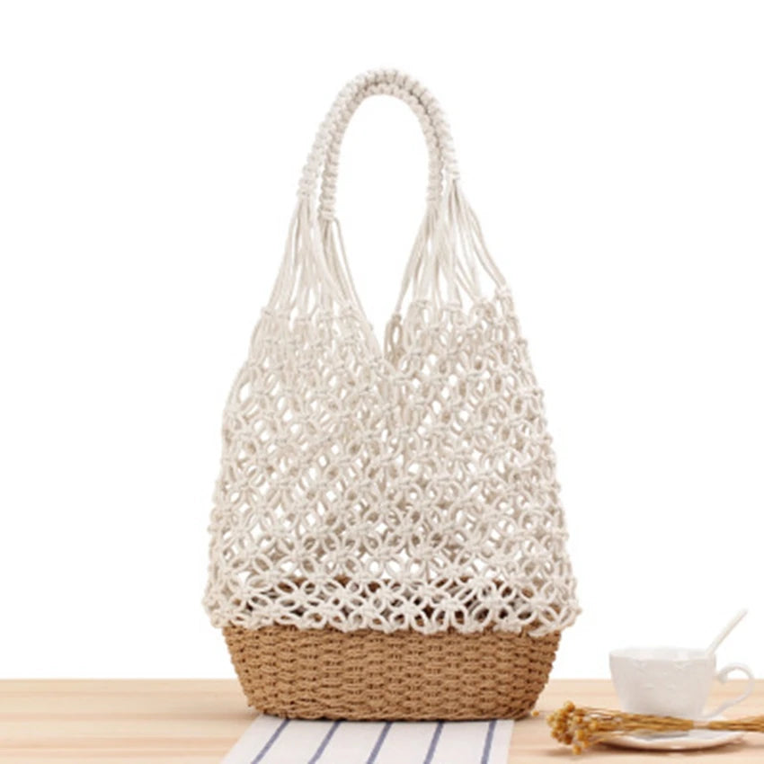 College Hollow Shoulder Woven Bag Grid Straw Bag Portable