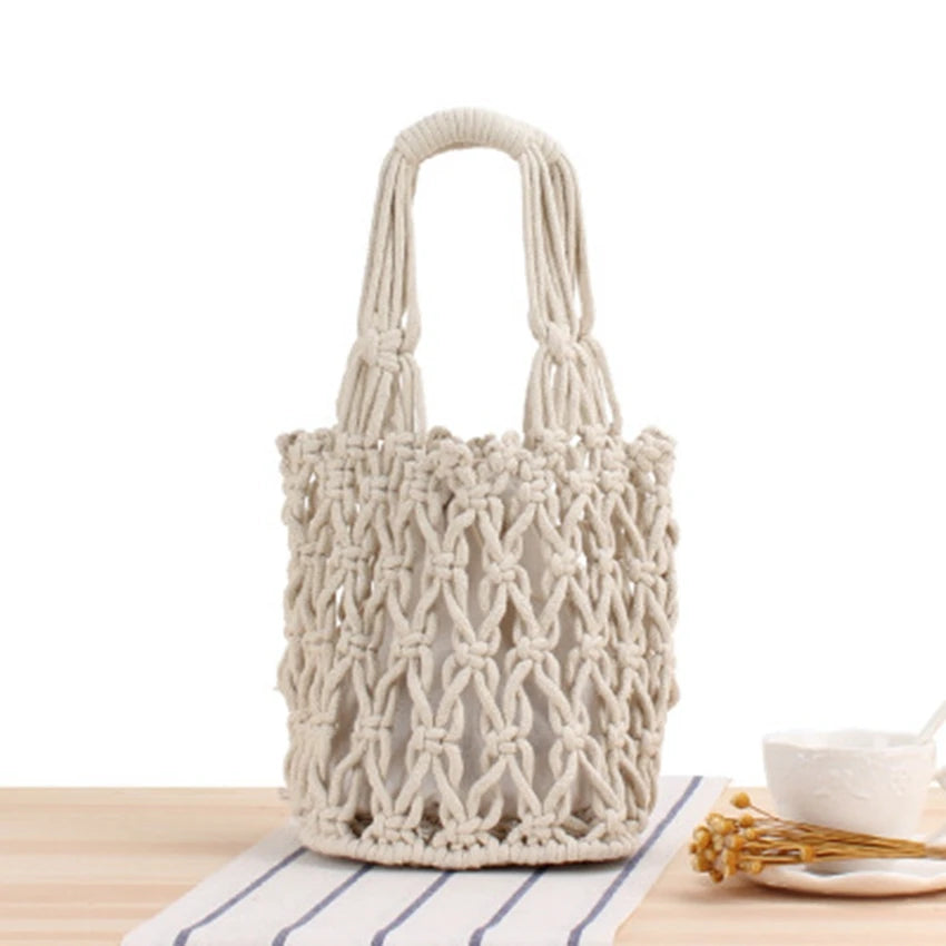 College Retro Thick Cotton Woven Bag Portable Net Bag Beach Travel Bag