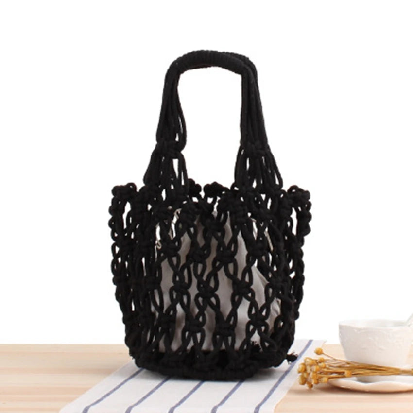 College Retro Thick Cotton Woven Bag Portable Net Bag Beach Travel Bag