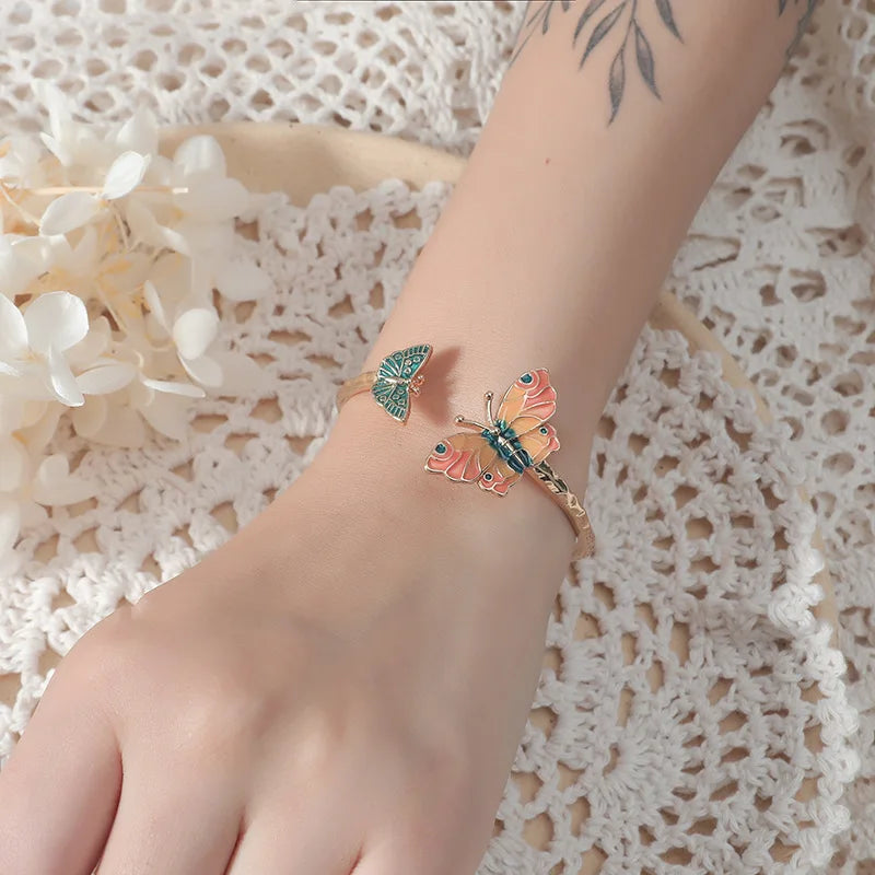 Enamel Butterfly Adjustable Bangle Charm Bracelet Vintage Jewelry