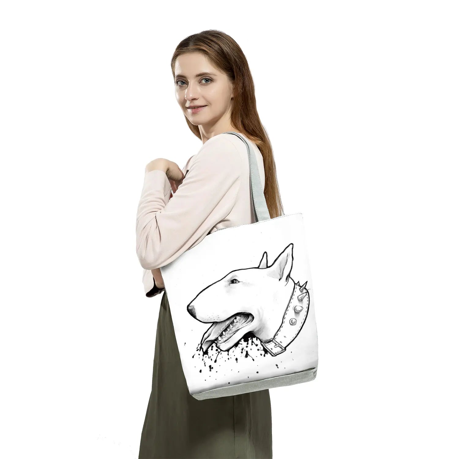 Funny Bull Terrier Dog Print Shopping Tote Handbag School Travel Shoulder Bag