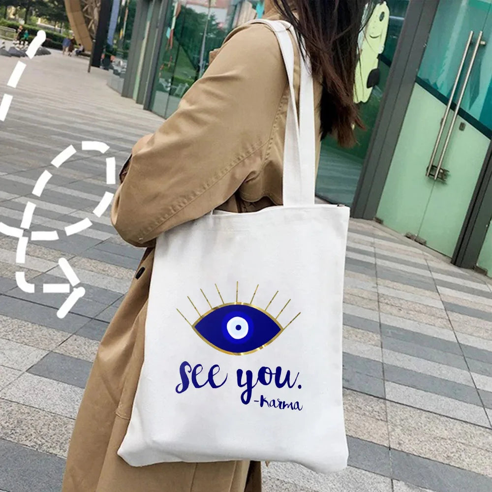 Colorful Evil Eye Psychedelic Women Canvas Shoulder Handbag