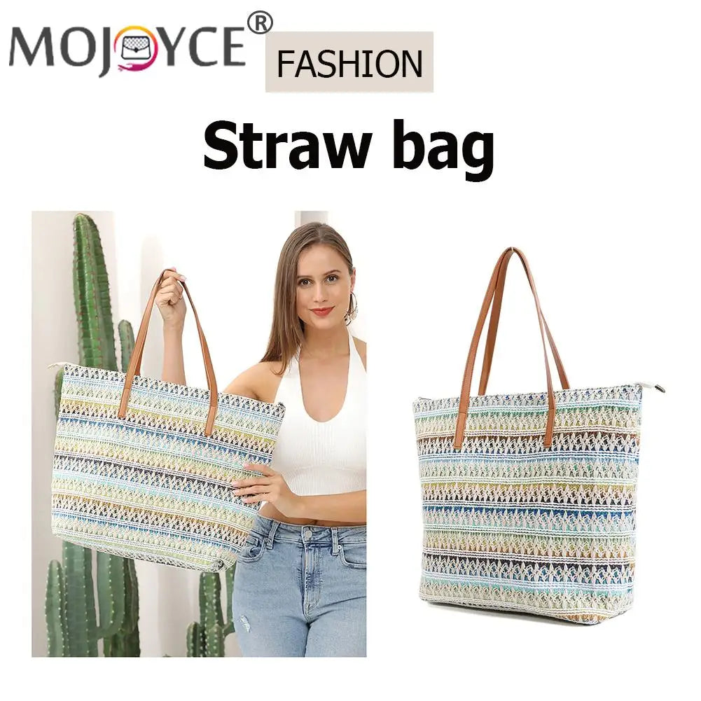 Colorful Stripes Straw Women Shoulder Bag for Summer Beach Shopping
