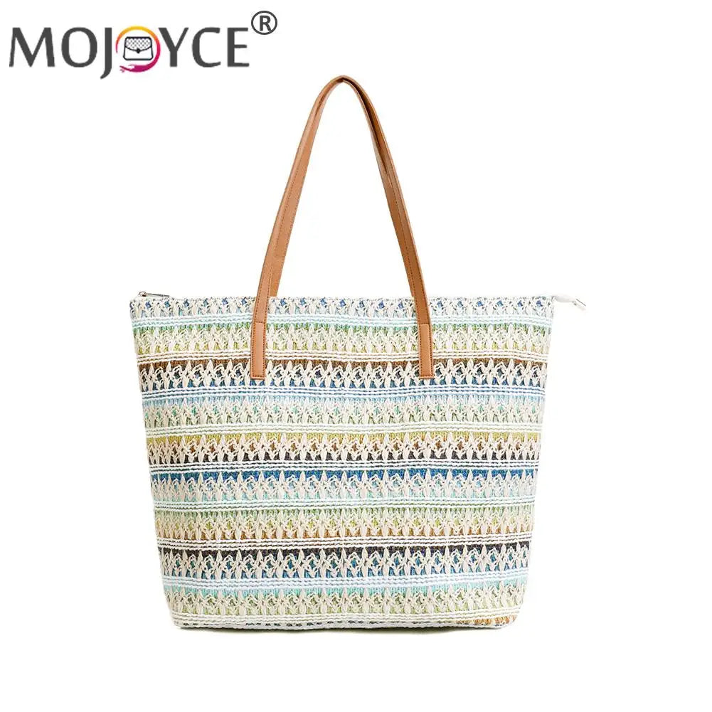 Colorful Stripes Straw Women Shoulder Bag for Summer Beach Shopping