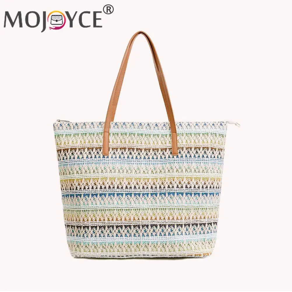 Colorful Stripes Straw Women Shoulder Bag for Summer Beach Shopping