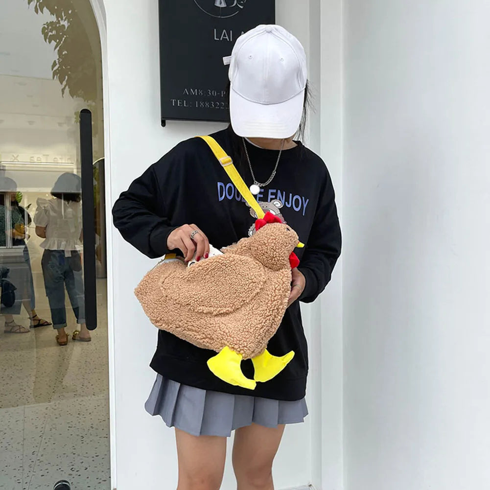 Hen Shape Faux Fur Crossbody Bag Soft Plush Messenger Purse