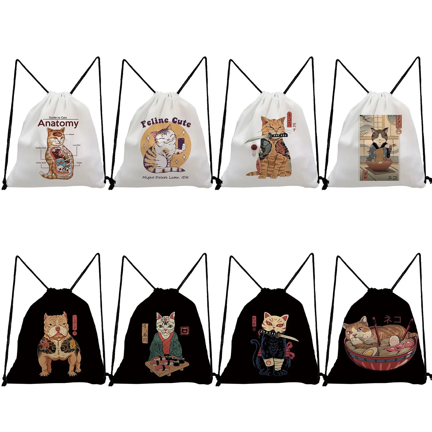 High Capacity Samurai Cat Print Drawstring Backpack