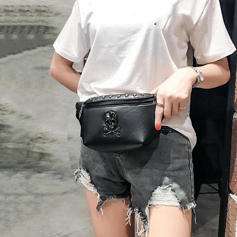Unisex Waist Bag Pu Leather Chest Bag Skull Fanny Pack Women Waist Pack