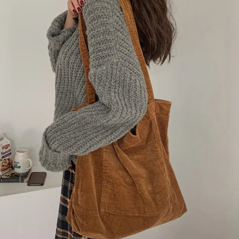 Corduroy Large Capacity Women's Handbag Shoulder Bag Style Leisure Shopping Bags