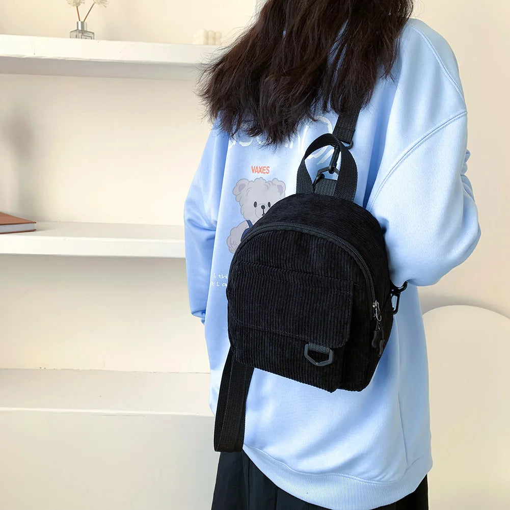 Corduroy Solid Backpack Women Preppy Style Rucksack