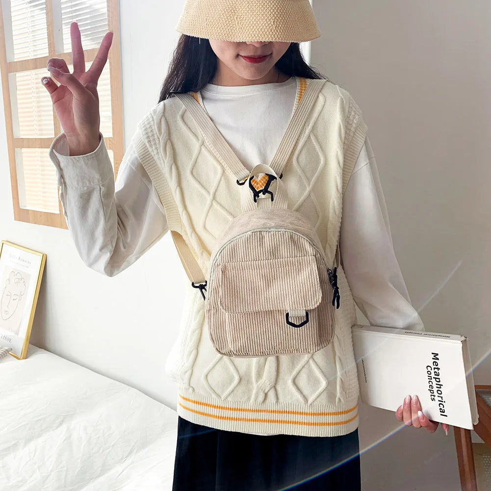Corduroy Solid Backpack Women Preppy Style Rucksack