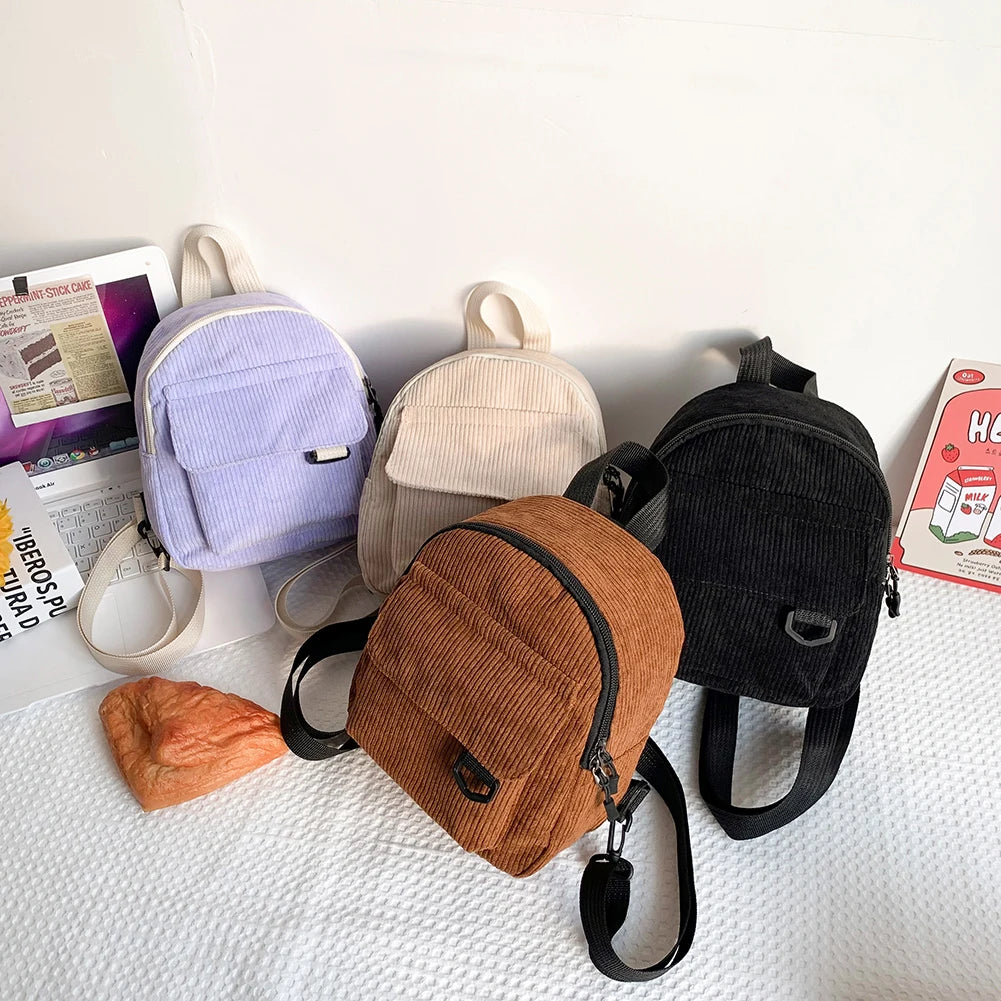 Corduroy Solid Backpack Women Preppy Style Rucksack