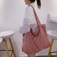 Corduroy Tote Bags Winter Shoulder Zipper Eco Large Capacity
