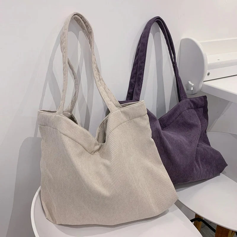 Corduroy Tote Bags Winter Shoulder Zipper Eco Large Capacity