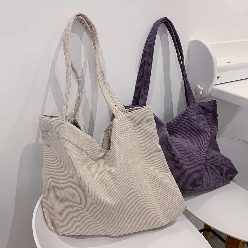 Corduroy Totes Bags Zipper Large Capacity Winter Shoulder Bags