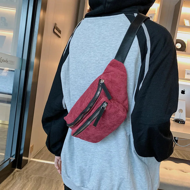 Corduroy Waist Bag Zipper Chest Bag for Women Men