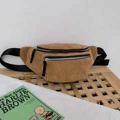 Women's Corduroy Waist Bag Chest Bag Zipper