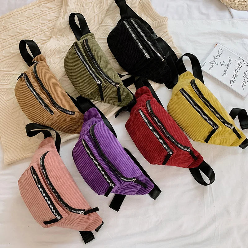 Corduroy Waist Bag Zipper Chest Bag for Women Men