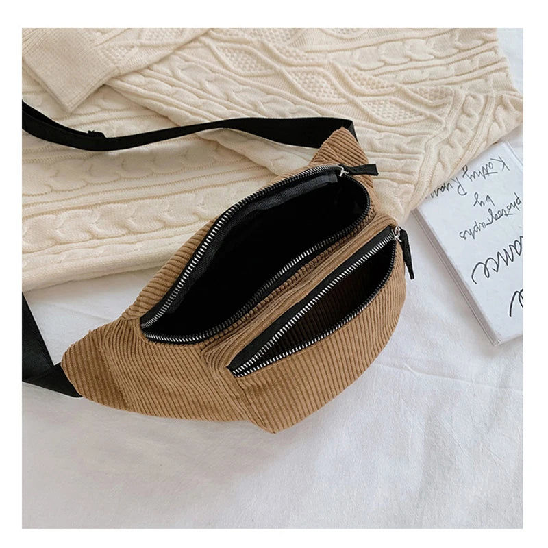 Corduroy Waist Bag Zipper Chest Bag for Women Men