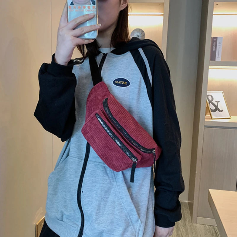 Women's Corduroy Waist Bag Chest Bag Zipper