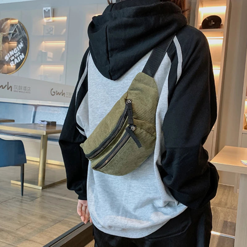 Women's Corduroy Waist Bag Chest Bag Zipper