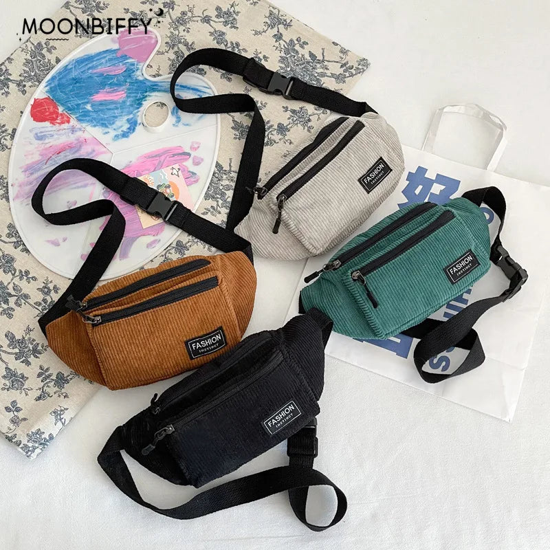 Corduroy Women Waist Bag Small Canvas Shoulder Crossbody Fanny Pack
