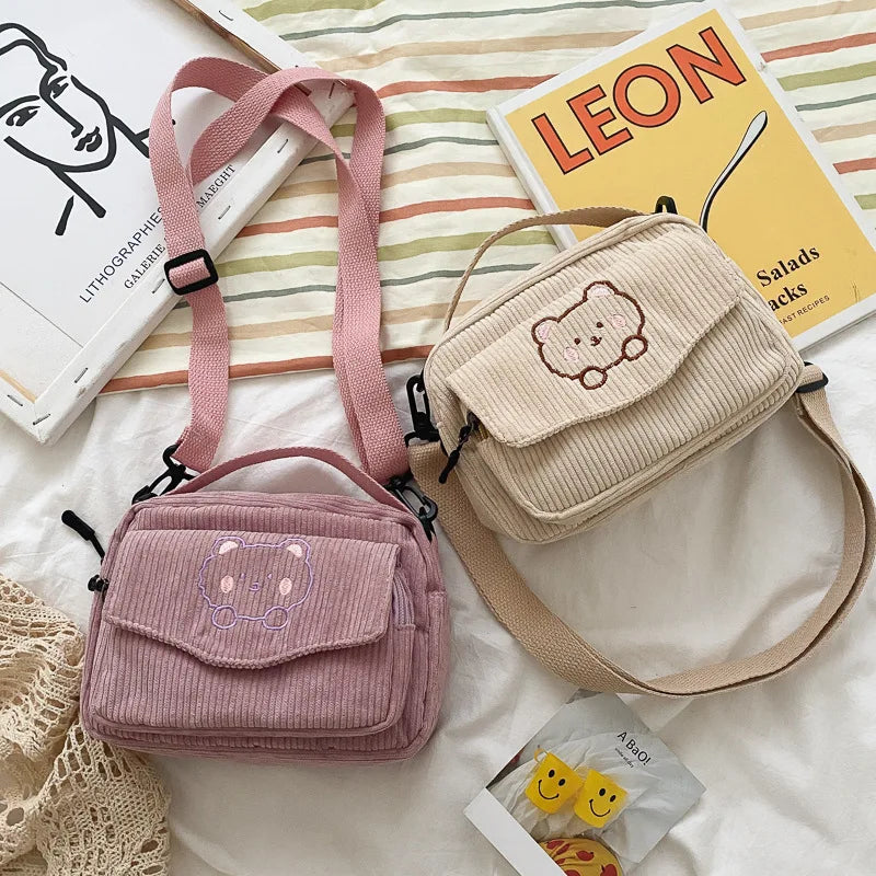 Corduroy Zipper Bag Satchel Travel Purse Handbag for Women Girls