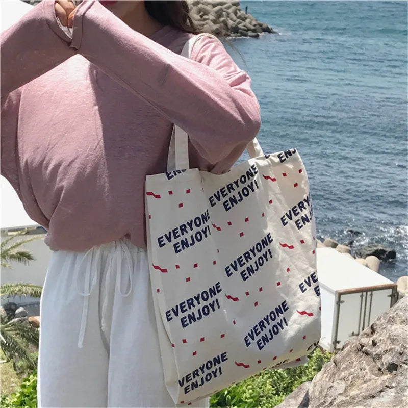 Cotton Stripe Canvas Shopping Tote Bag Zippered Small Shopping Bag