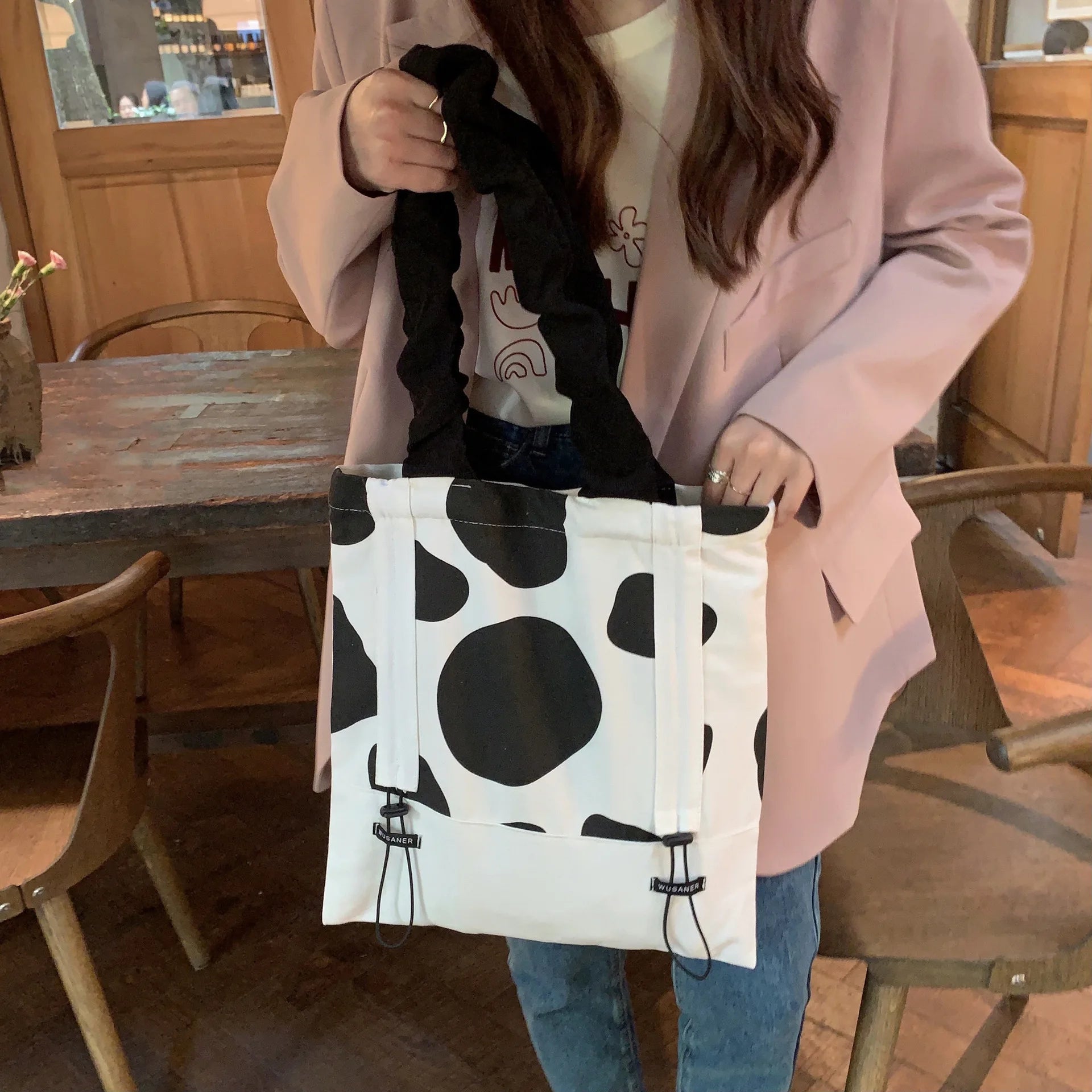 Cow Print Shoulder Bags Women Canvas Large Capacity Students All-match