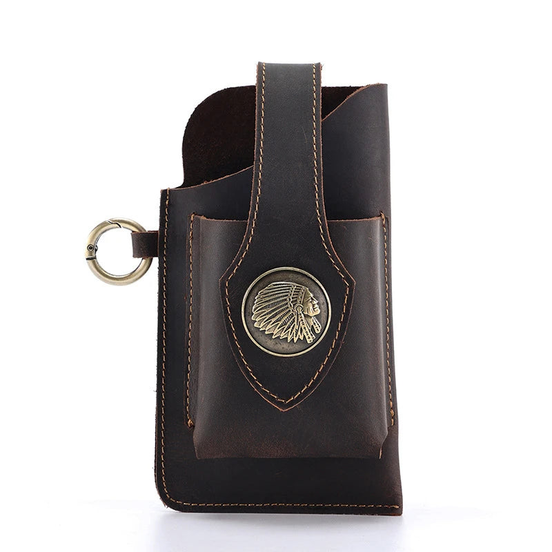 Crazy Horse Leather Men's Phone Waist Bag Outdoor Sports Retro Tactical Bag