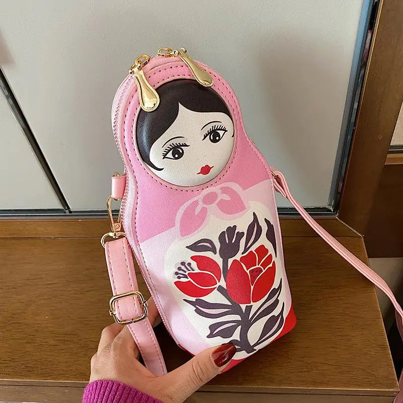 Matryoshka Print Crossbody Bag PU Leather Shoulder Bag