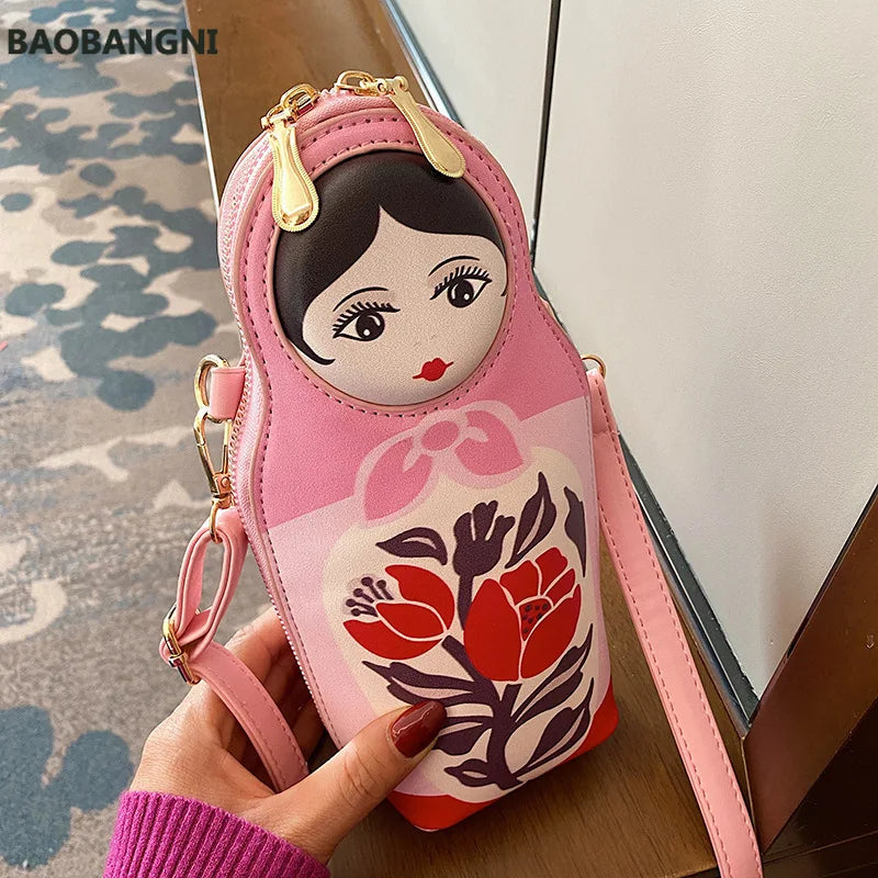 Matryoshka Print Crossbody Bag PU Leather Shoulder Bag