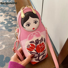 Matryoshka Print Crossbody Bag PU Leather Shoulder Bag