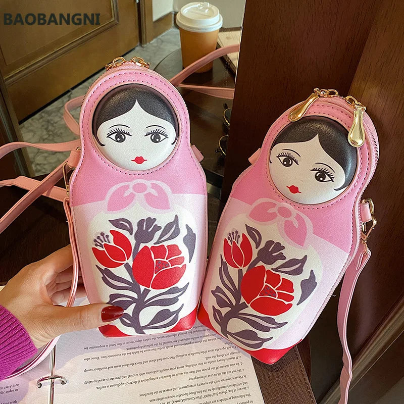 Matryoshka Print Crossbody Bag PU Leather Shoulder Bag