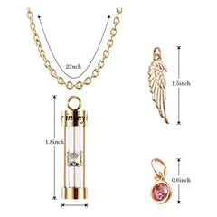 Time Hourglass Cremation Urn Necklace with Angel Wing Birthstones