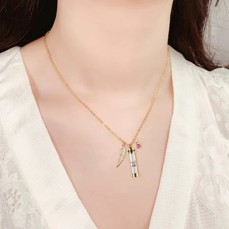 Time Hourglass Cremation Urn Necklace with Angel Wing Birthstones
