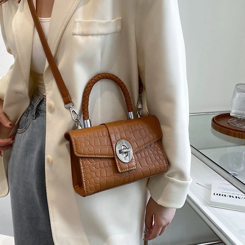 Crocodile Pattern Crossbody Bag with Braided Handle for Women